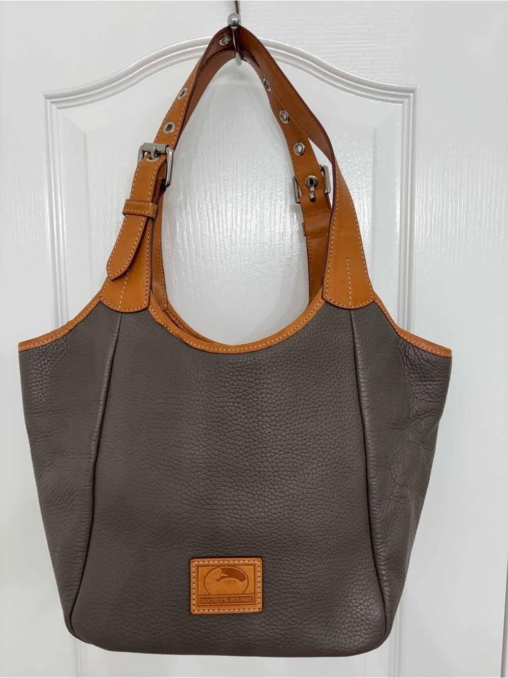 Dooney & Bourke Gray Pebbled Leather Shoulder Bag with Tan Trim